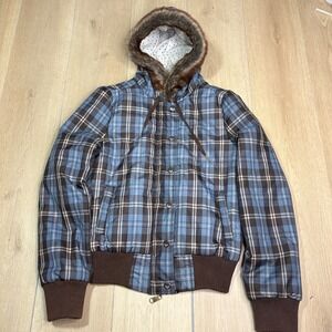 Roxy Y2K Plaid Puffer Jacket Faux Fur Hood Blue Brown Heart Lining Women Medium